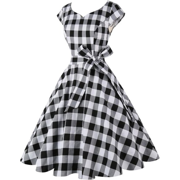 Women Vintage 1950s Dress Retro Cocktail Party Swing Dresses with Cap Sleeves - Picture 4 of 6